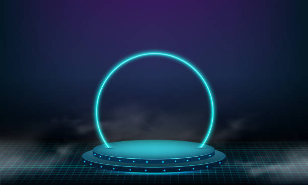 abstract technology cylinder pedestal podium. sci-fi dark empty room concept with circle glowing neon lighting. product display presentation. futuristic wall scene. - 平臺門戶 幅插畫檔、美工圖案、卡通及圖標