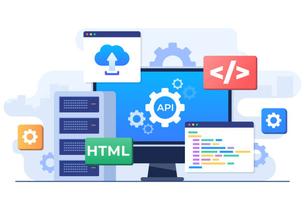 application programming interface concept, api provides the interface for communication between applications, software development tool, internet and networking, simplifying application integration - 系統(tǒng)軟件 幅插畫檔、美工圖案、卡通及圖標