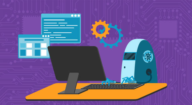 automated work of software, business project development, robot using keyboard at table - 系統(tǒng)軟件開發(fā) 幅插畫檔、美工圖案、卡通及圖標